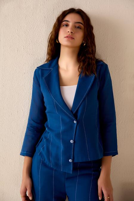 Savaaya Blue Linen Embroidery Collared Thread Jacket And Pant Set at Aza Fashions Savaaya_Blue Linen Embroidery Collared Thread Jacket And Pant Set_at_Aza_Fashions