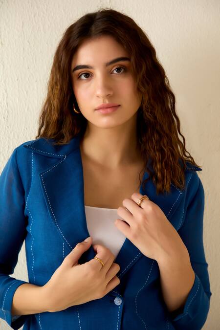 Buy Savaaya Blue Linen Embroidery Collared Thread Jacket And Pant Set Buy_Savaaya_Blue Linen Embroidery Collared Thread Jacket And Pant Set