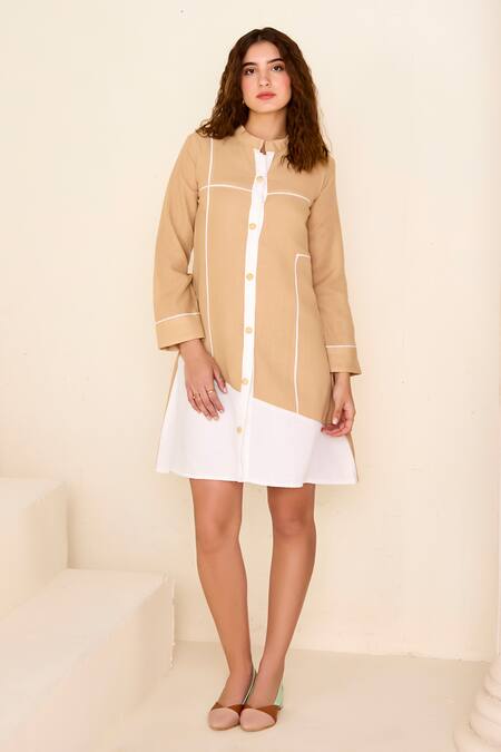 Savaaya Beige Linen Embroidery Bandeau Neck Color Blocked Collared Dress Online at Aza Fashions Savaaya_Beige Linen Embroidery Bandeau Neck Color Blocked Collared Dress _Online_at_Aza_Fashions