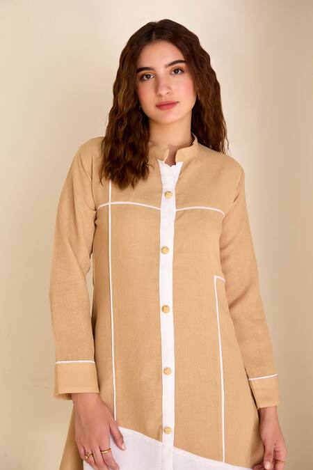 Shop Savaaya Beige Linen Embroidery Bandeau Neck Color Blocked Collared Dress Online at Aza Fashions Shop_Savaaya_Beige Linen Embroidery Bandeau Neck Color Blocked Collared Dress _Online_at_Aza_Fashions