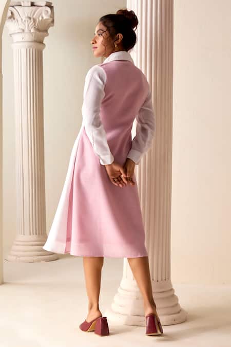 Shop Savaaya Pink Linen Embroidery Collared Color Blocked Dress at Aza Fashions Shop_Savaaya_Pink Linen Embroidery Collared Color Blocked Dress _at_Aza_Fashions