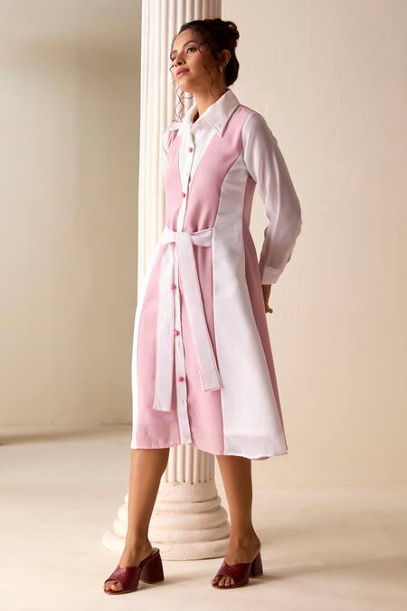 Savaaya Pink Linen Embroidery Collared Color Blocked Dress Online at Aza Fashions Savaaya_Pink Linen Embroidery Collared Color Blocked Dress _Online_at_Aza_Fashions