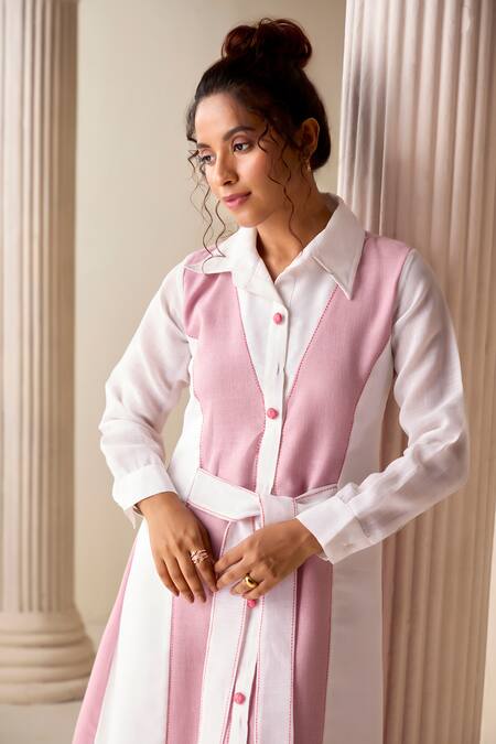 Shop Savaaya Pink Linen Embroidery Collared Color Blocked Dress Online at Aza Fashions Shop_Savaaya_Pink Linen Embroidery Collared Color Blocked Dress _Online_at_Aza_Fashions