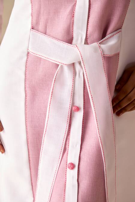 Savaaya Pink Linen Embroidery Collared Color Blocked Dress at Aza Fashions Savaaya_Pink Linen Embroidery Collared Color Blocked Dress _at_Aza_Fashions