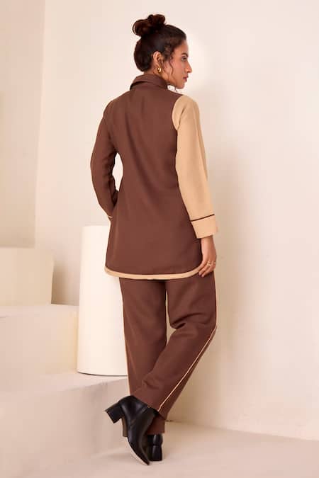 Shop Savaaya Brown Linen Collared Color Blocked Pattern Shirt And Pant Set at Aza Fashions Shop_Savaaya_Brown Linen Collared Color Blocked Pattern Shirt And Pant Set _at_Aza_Fashions