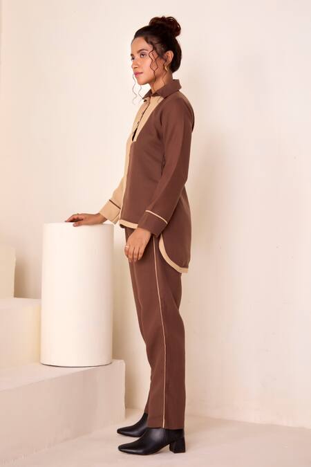 Savaaya Brown Linen Collared Color Blocked Pattern Shirt And Pant Set Online at Aza Fashions Savaaya_Brown Linen Collared Color Blocked Pattern Shirt And Pant Set _Online_at_Aza_Fashions