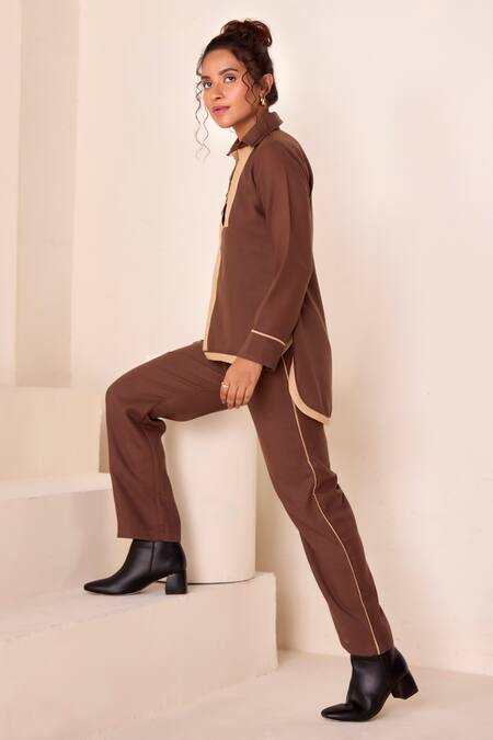 Buy Savaaya Brown Linen Collared Color Blocked Pattern Shirt And Pant Set Online at Aza Fashions Buy_Savaaya_Brown Linen Collared Color Blocked Pattern Shirt And Pant Set _Online_at_Aza_Fashions