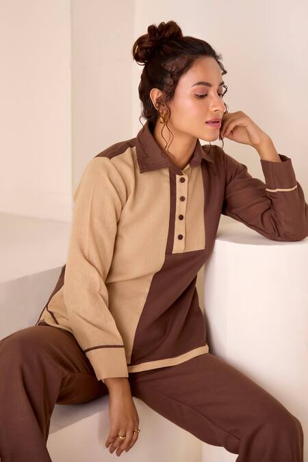 Shop Savaaya Brown Linen Collared Color Blocked Pattern Shirt And Pant Set Online at Aza Fashions Shop_Savaaya_Brown Linen Collared Color Blocked Pattern Shirt And Pant Set _Online_at_Aza_Fashions