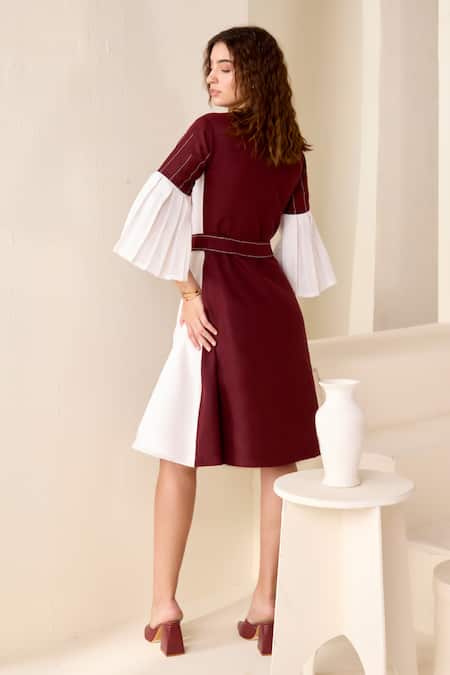 Shop Savaaya Maroon Linen Split V-neck Color Blocked Dress With Belt at Aza Fashions Shop_Savaaya_Maroon Linen Split V-neck Color Blocked Dress With Belt _at_Aza_Fashions