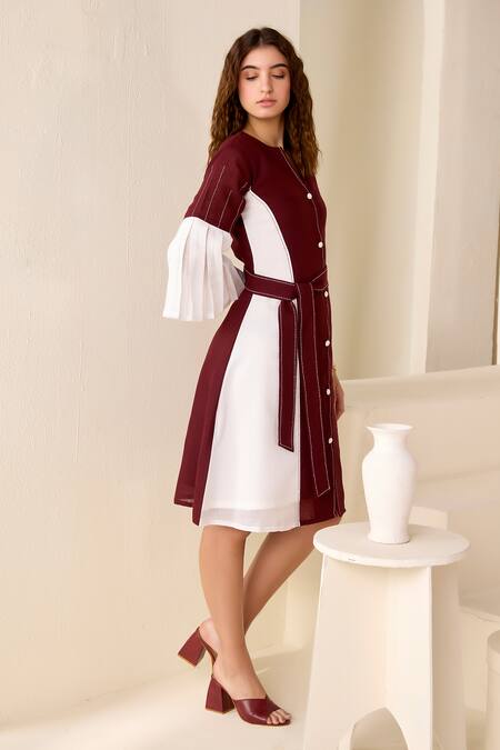 Savaaya Maroon Linen Split V-neck Color Blocked Dress With Belt Online at Aza Fashions Savaaya_Maroon Linen Split V-neck Color Blocked Dress With Belt _Online_at_Aza_Fashions