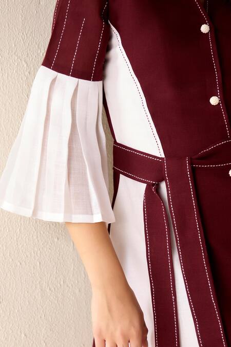 Buy Savaaya Maroon Linen Split V-neck Color Blocked Dress With Belt Online at Aza Fashions Buy_Savaaya_Maroon Linen Split V-neck Color Blocked Dress With Belt _Online_at_Aza_Fashions