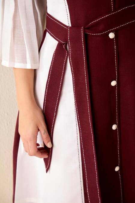 Shop Savaaya Maroon Linen Split V-neck Color Blocked Dress With Belt Online at Aza Fashions Shop_Savaaya_Maroon Linen Split V-neck Color Blocked Dress With Belt _Online_at_Aza_Fashions