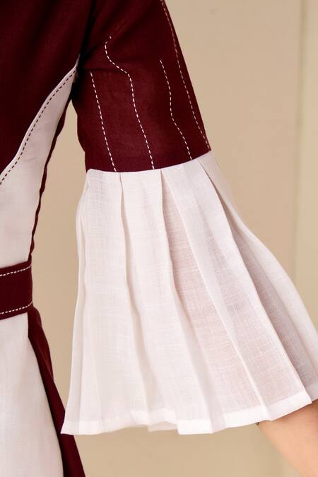 Savaaya Maroon Linen Split V-neck Color Blocked Dress With Belt at Aza Fashions Savaaya_Maroon Linen Split V-neck Color Blocked Dress With Belt _at_Aza_Fashions