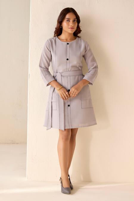 Shop_Savaaya_Grey Linen Round Neck Thread Work Dress With Belt _Online_at_Aza_Fashions