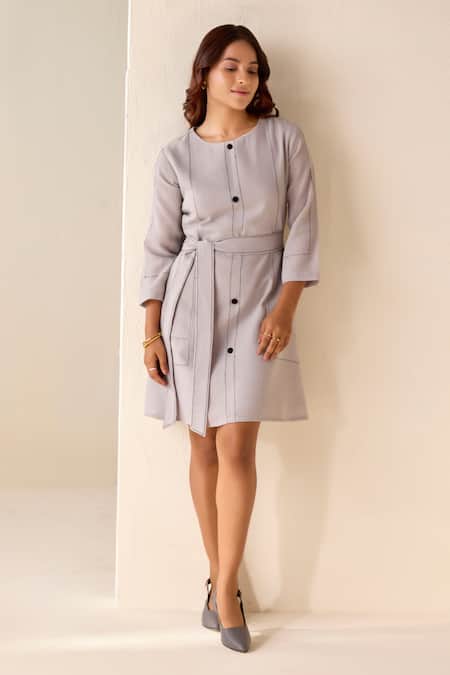Savaaya_Grey Linen Round Neck Thread Work Dress With Belt _at_Aza_Fashions