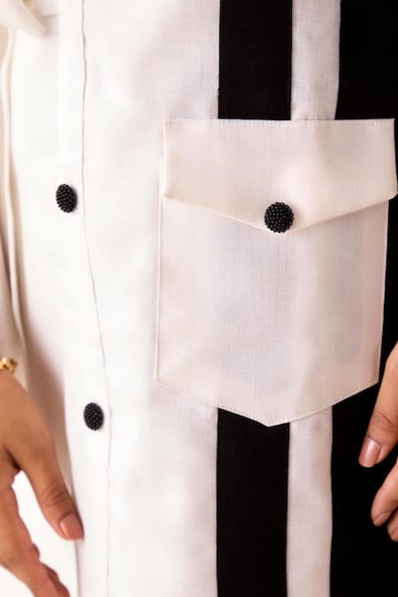 Shop Savaaya White Linen Collared Color Blocked Pattern Dress Online at Aza Fashions Shop_Savaaya_White Linen Collared Color Blocked Pattern Dress _Online_at_Aza_Fashions