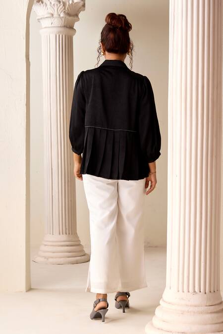 Shop Savaaya Black Linen, Silk Collared Embroidered Top And Pant Set at Aza Fashions Shop_Savaaya_Black Linen, Silk Collared Embroidered Top And Pant Set_at_Aza_Fashions