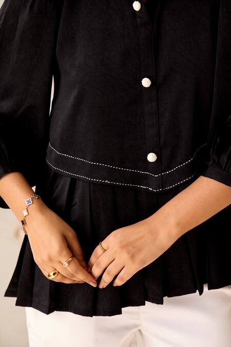 Savaaya Black Linen, Silk Collared Embroidered Top And Pant Set at Aza Fashions Savaaya_Black Linen, Silk Collared Embroidered Top And Pant Set_at_Aza_Fashions