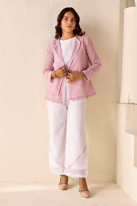 Savaaya Pink Linen Round Neck Double Flap Open Jacket Pant Set Online at Aza Fashions Savaaya_Pink Linen Round Neck Double Flap Open Jacket Pant Set _Online_at_Aza_Fashions