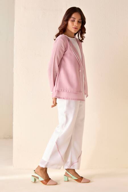 Buy Savaaya Pink Linen Round Neck Double Flap Open Jacket Pant Set Online at Aza Fashions Buy_Savaaya_Pink Linen Round Neck Double Flap Open Jacket Pant Set _Online_at_Aza_Fashions