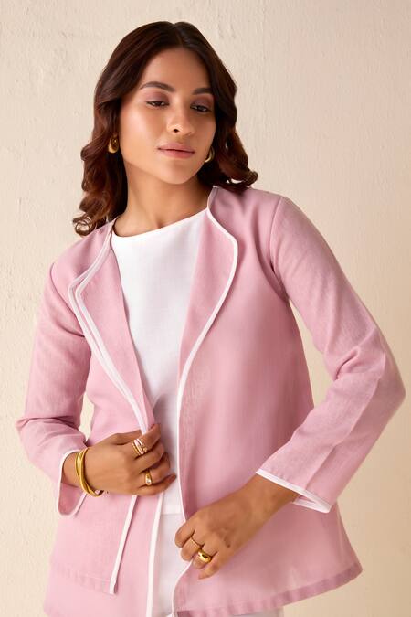 Shop Savaaya Pink Linen Round Neck Double Flap Open Jacket Pant Set Online at Aza Fashions Shop_Savaaya_Pink Linen Round Neck Double Flap Open Jacket Pant Set _Online_at_Aza_Fashions