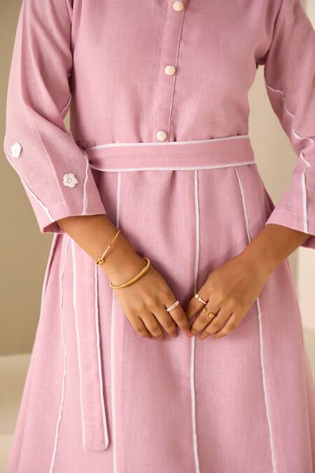 Shop Savaaya Pink Linen Embroidery Collared Crochet Flower Dress With Belt Online at Aza Fashions Shop_Savaaya_Pink Linen Embroidery Collared Crochet Flower Dress With Belt _Online_at_Aza_Fashions
