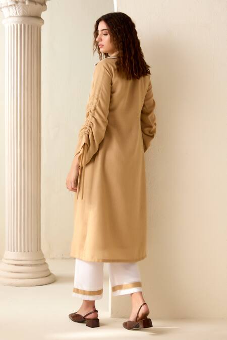 Shop_Savaaya_Beige Linen Blend Solid Lapel Collar Jacket Pant Set  _at_Aza_Fashions