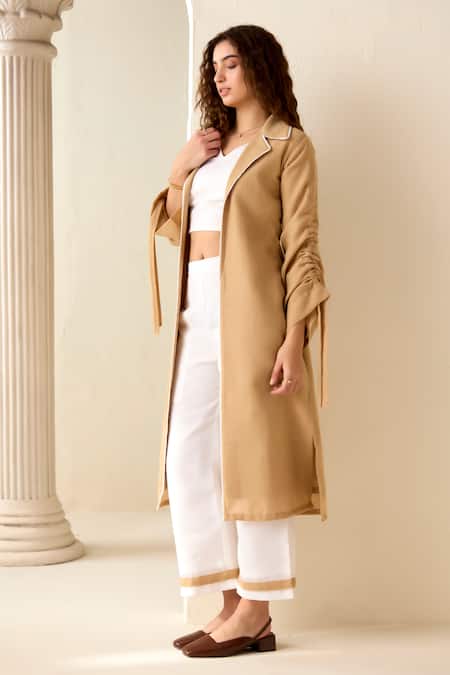 Buy_Savaaya_Beige Linen Blend Solid Lapel Collar Jacket Pant Set  _Online_at_Aza_Fashions