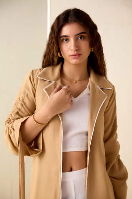 Shop_Savaaya_Beige Linen Blend Solid Lapel Collar Jacket Pant Set  _Online_at_Aza_Fashions