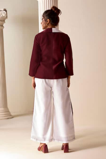Shop Savaaya Maroon Linen Embroidery Collared Color Blocked Jacket And Pant Set at Aza Fashions Shop_Savaaya_Maroon Linen Embroidery Collared Color Blocked Jacket And Pant Set _at_Aza_Fashions