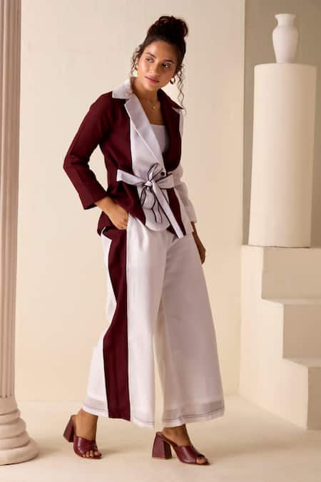 Savaaya Maroon Linen Embroidery Collared Color Blocked Jacket And Pant Set Online at Aza Fashions Savaaya_Maroon Linen Embroidery Collared Color Blocked Jacket And Pant Set _Online_at_Aza_Fashions