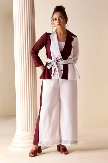 Shop Savaaya Maroon Linen Embroidery Collared Color Blocked Jacket And Pant Set Online at Aza Fashions Shop_Savaaya_Maroon Linen Embroidery Collared Color Blocked Jacket And Pant Set _Online_at_Aza_Fashions