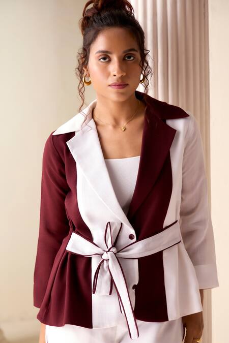 Savaaya Maroon Linen Embroidery Collared Color Blocked Jacket And Pant Set at Aza Fashions Savaaya_Maroon Linen Embroidery Collared Color Blocked Jacket And Pant Set _at_Aza_Fashions