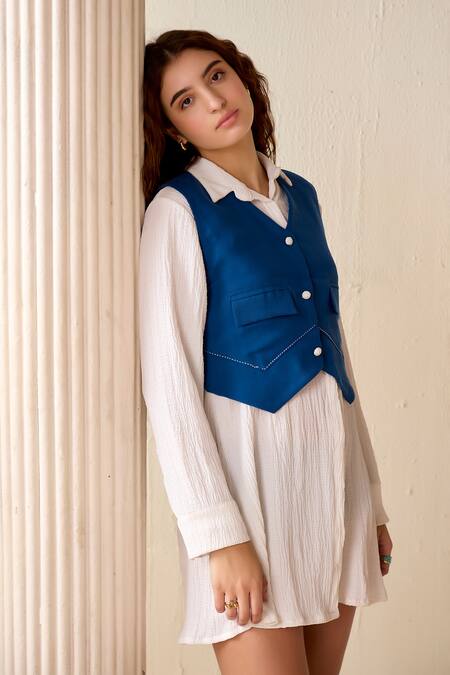 Shop Savaaya Blue Viscose, Linen Embroidery V-neck Thread Vest And White Dress Online at Aza Fashions Shop_Savaaya_Blue Viscose, Linen Embroidery V-neck Thread Vest And White Dress_Online_at_Aza_Fashions