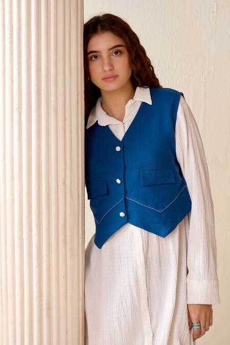 Savaaya Blue Viscose, Linen Embroidery V-neck Thread Vest And White Dress at Aza Fashions Savaaya_Blue Viscose, Linen Embroidery V-neck Thread Vest And White Dress_at_Aza_Fashions