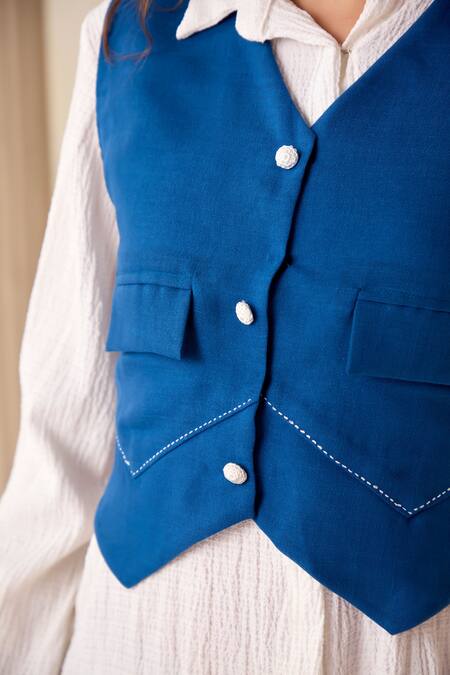 Shop Savaaya Blue Viscose, Linen Embroidery V-neck Thread Vest And White Dress Shop_Savaaya_Blue Viscose, Linen Embroidery V-neck Thread Vest And White Dress