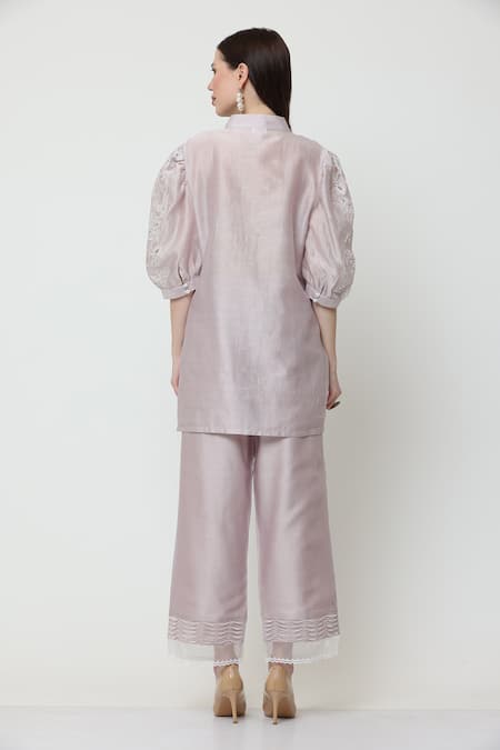 Shop_Midori By Sgv_Purple Cotton, Silk, Chanderi Bella Floral Cutwork Sleeve Short Kurta With Pant _at_Aza_Fashions