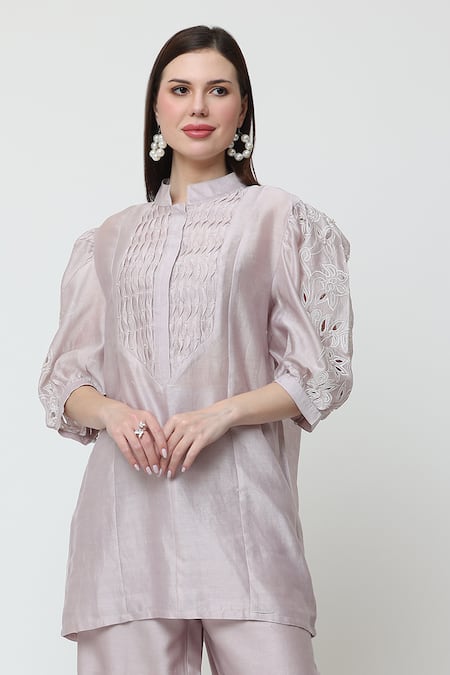 Midori By Sgv_Purple Cotton, Silk, Chanderi Bella Floral Cutwork Sleeve Short Kurta With Pant _Online_at_Aza_Fashions