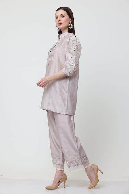 Shop_Midori By Sgv_Purple Cotton, Silk, Chanderi Bella Floral Cutwork Sleeve Short Kurta With Pant _Online_at_Aza_Fashions