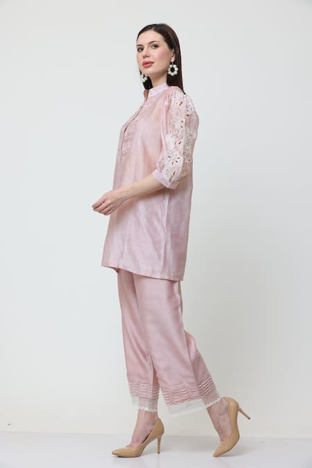 Midori By Sgv_Pink Chanderi, Cotton Cut Work, Pearls Bella Embellished Short Kurta With Pant _Online_at_Aza_Fashions