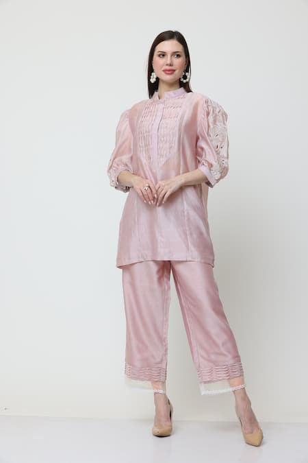 Buy_Midori By Sgv_Pink Chanderi, Cotton Cut Work, Pearls Bella Embellished Short Kurta With Pant _Online_at_Aza_Fashions