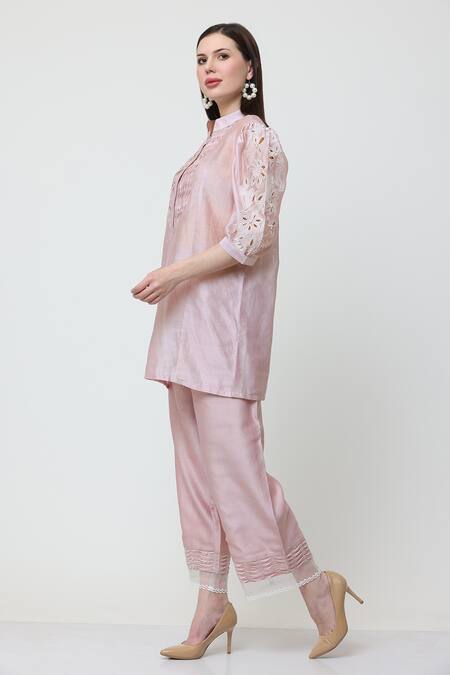 Shop_Midori By Sgv_Pink Chanderi, Cotton Cut Work, Pearls Bella Embellished Short Kurta With Pant _Online_at_Aza_Fashions