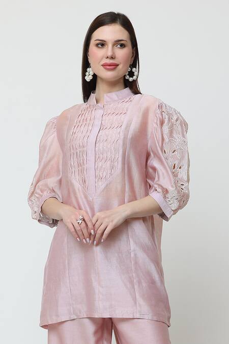 Buy_Midori By Sgv_Pink Chanderi, Cotton Cut Work, Pearls Bella Embellished Short Kurta With Pant 