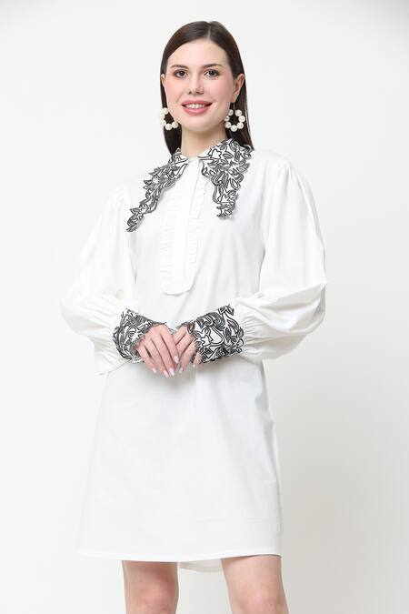 Midori By Sgv_White Cotton Cutwork Shirt Collar Khaleesi Placed Dress  _Online_at_Aza_Fashions