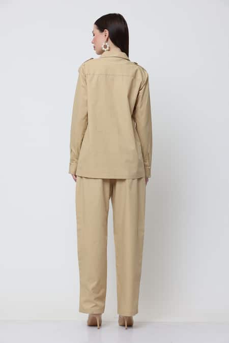 Shop_Midori By Sgv_Beige Cotton Pleated Shirt Collar Glaze With Pant _at_Aza_Fashions