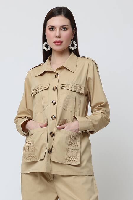 Midori By Sgv_Beige Cotton Pleated Shirt Collar Glaze With Pant _Online_at_Aza_Fashions