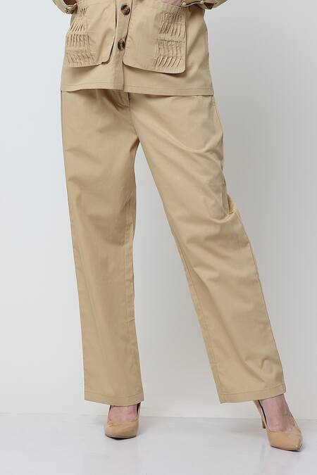 Buy_Midori By Sgv_Beige Cotton Pleated Shirt Collar Glaze With Pant _Online_at_Aza_Fashions