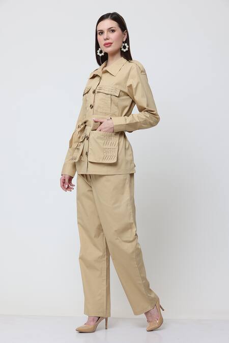 Shop_Midori By Sgv_Beige Cotton Pleated Shirt Collar Glaze With Pant _Online_at_Aza_Fashions