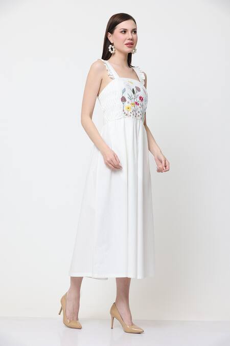 Buy_Midori By Sgv_White Cotton Embroidered Thread Square Gulnar Dress  _Online_at_Aza_Fashions