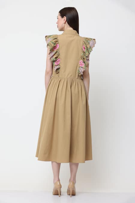 Shop_Midori By Sgv_Brown Cotton Embellished Thread Shirt Collar Elie Floral Ruffle Dress  _at_Aza_Fashions